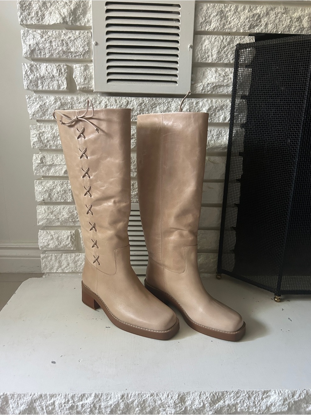 Tony Bianco Beige Knee-High Leather Boots with Side Lace Detail